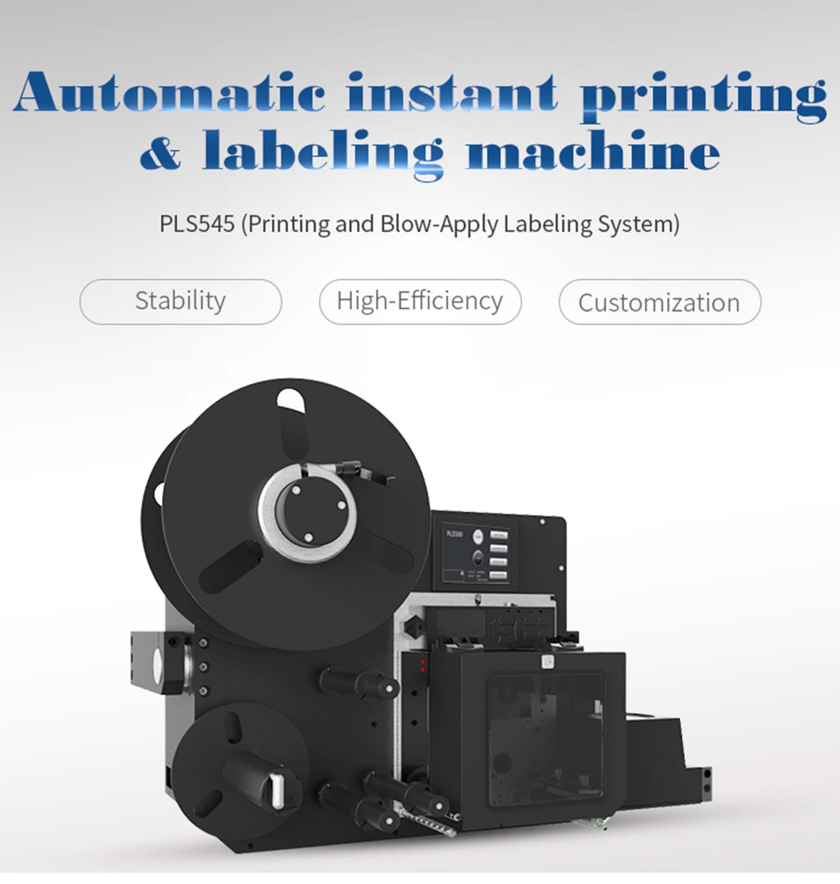 Sistema de etiquetado de impresión y aplicación por soplado PLS545